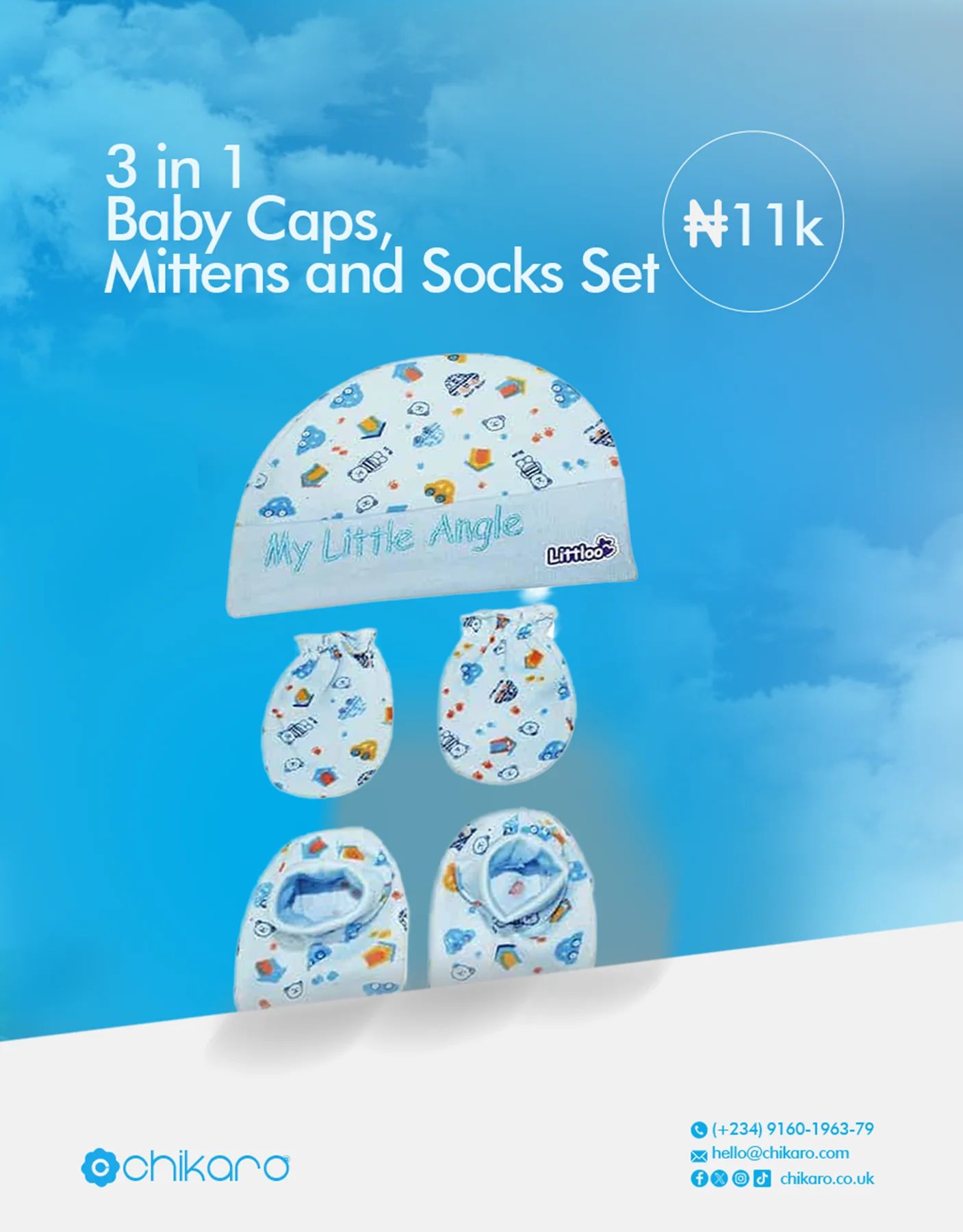 3 in 1 Baby Caps, Mittens and Socks Set — Baby Clothing — Chikaro