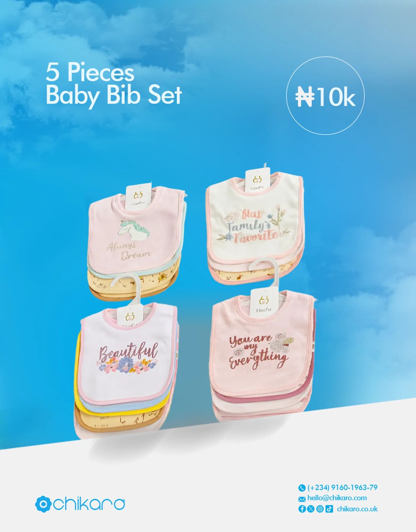 5 Pieces Baby Bib Set – Soft, Absorbent, Adjustable, Unisex Design — Feeding — Chikaro